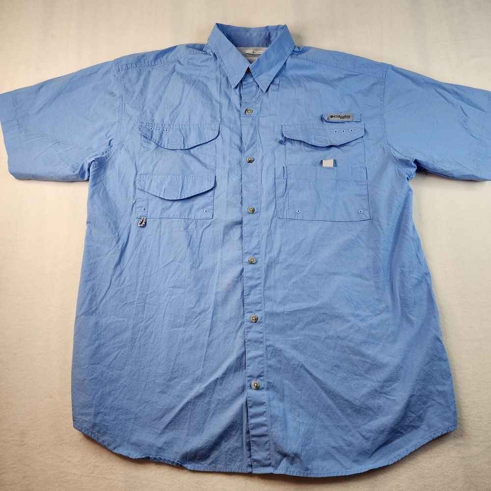 Columbia PFG Bahama II Vented Fishing Shirt Mens Large Blue Short Sleeve FM7130 - Picture 2 of 11